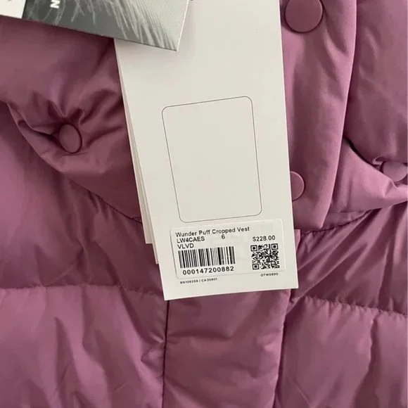 NWT LULULEMON WUNDER PUFF CROPPED VEST Velvet Dust Pink / Purple 6 - Picture 2 of 3